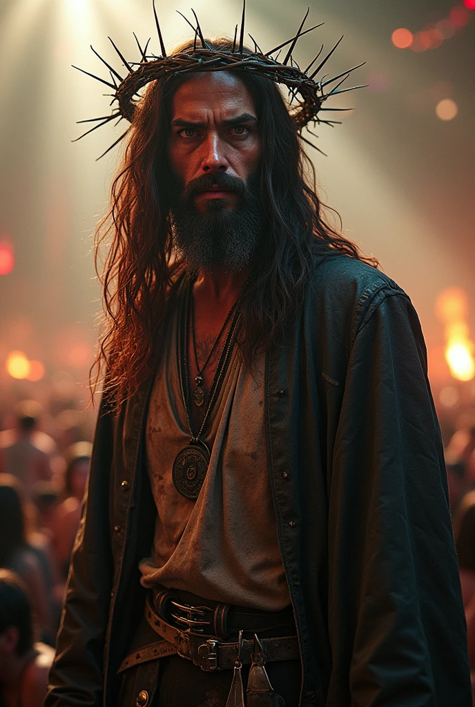 Jesus the Metalist in tattered clothes, A crown of thorns on the head, realisticky pohled, HDR, At a metal concert