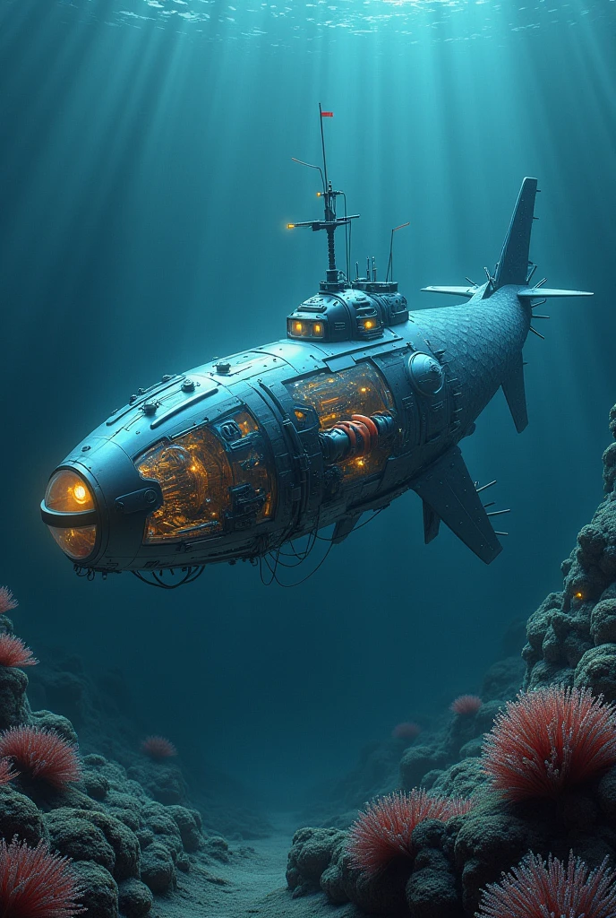 ( perfect anatomy ) Hi-Tech Mechanical Biopatina(Mechanical big fish ) Steampunk submarine underwater submarine in deep sea futuristic style transparent window(Partially transparent design lets you see the inner workings)
High level of image quality, Super detailed, submarine, Fantasy science fiction movie surreal scene bioluminescent basket fluorescent (Mechanical big fish )Dark blue deep sea bottom soft feeling sea anemone ethereal mysterious creature intricate dynamic close-up background, Delicate and surreal science fiction art aesthetic light and shadow movie special effects high resolution image surreal texture high resolution,
Digital painting, Delicate and dynamic rendering, super high quality, masterpiece, Super detailed, Highest quality animation style high definition presentation