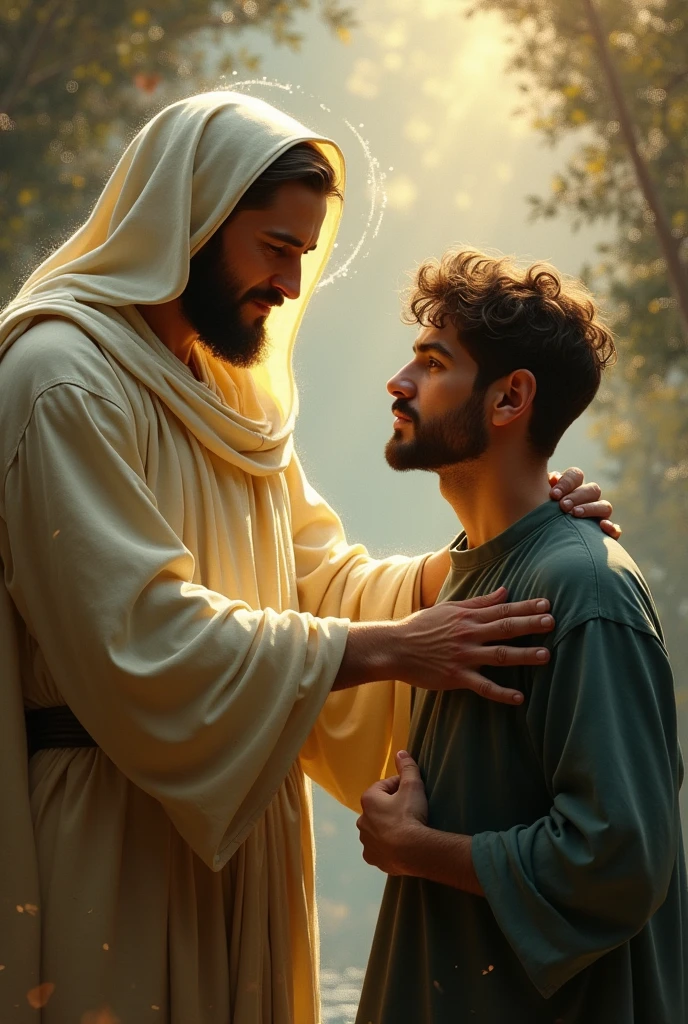The saint placing a comforting hand on the man's shoulder.**