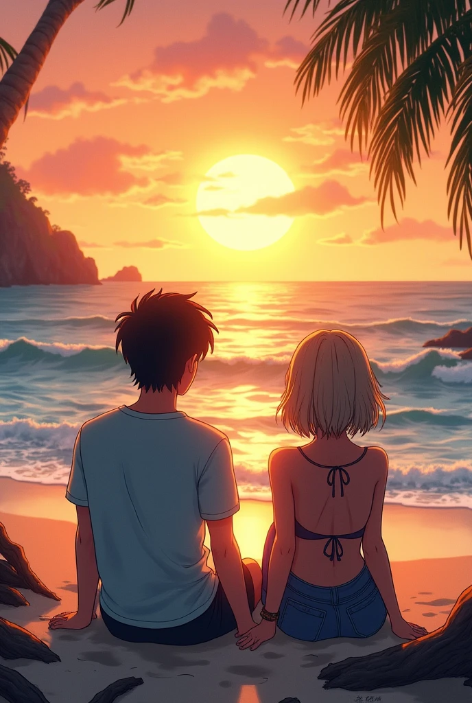 Drawing of a man and a woman with short hair watching the sunset on the beach, watercolor type