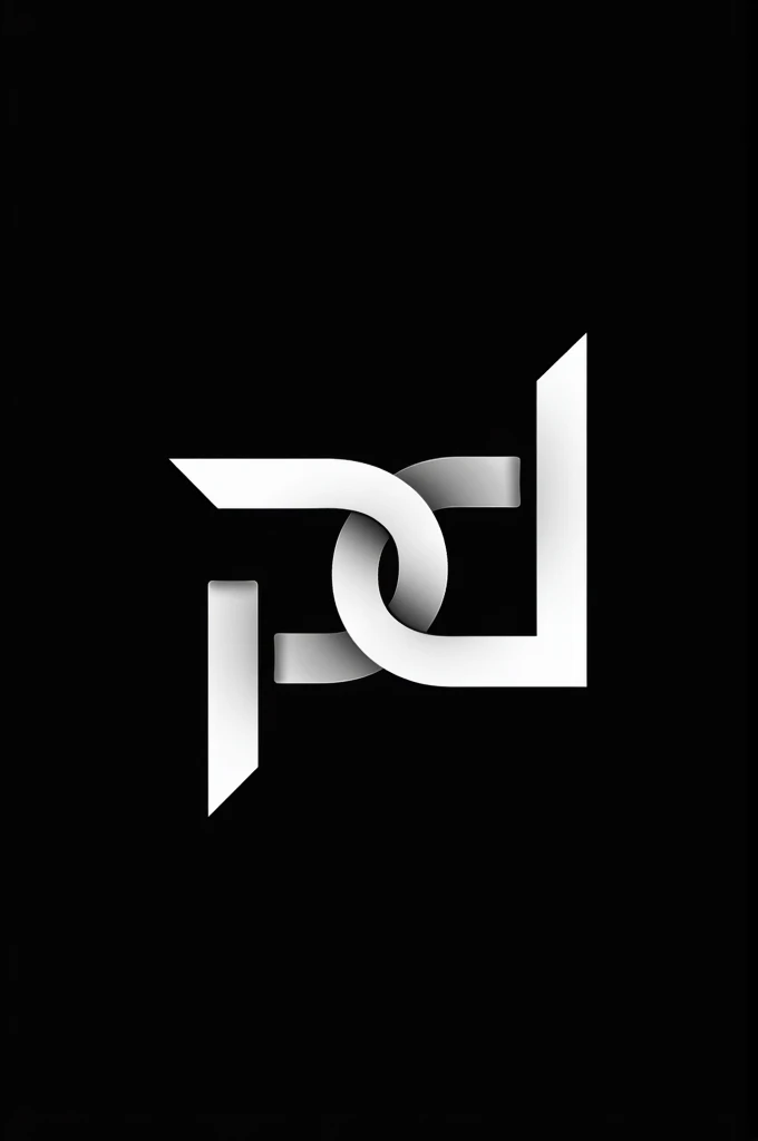 Design a modern and creative logo with the letters 'PD' in a sharp, angular style. The letters should be intertwined or connected seamlessly, using a pure white color. The background should be solid black, ensuring the white logo stands out prominently. The overall design should be professional, sleek, and suitable for a premium brand.