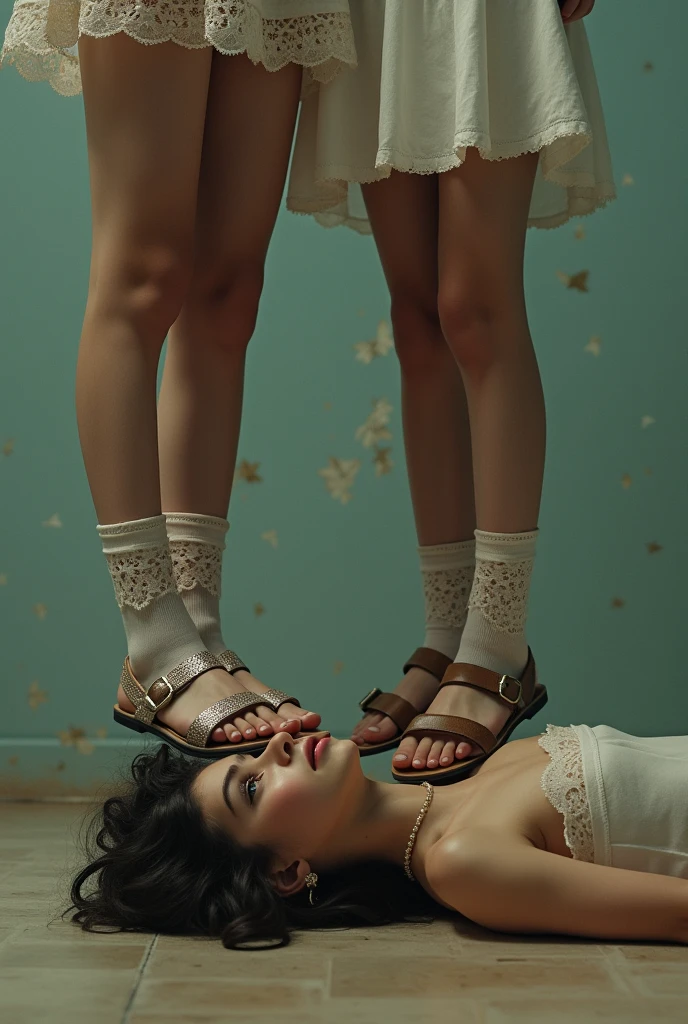 ((best quality)), ((masterpiece)), (detailed), The girls stand directly on the girl lying on the floor, real picture, doll, 8K, Being stepped on by two girls, Crushed underfoot, young,, lace sandals, lace,leg warmers, arm warmer, A girl standing on her belly,Another girl standing on her chest, (Wide-angle view,) ((Photo from 10)),
