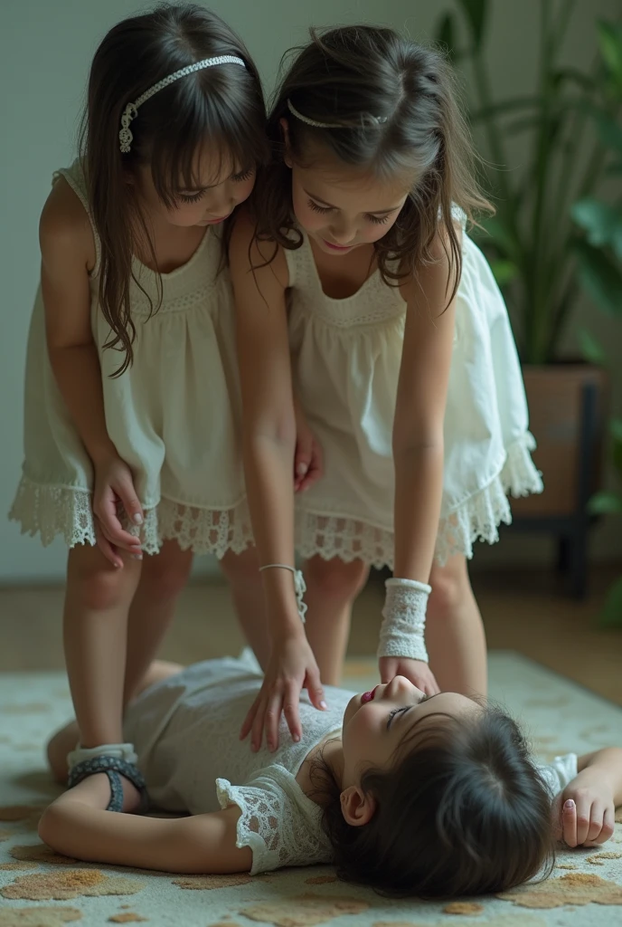 ((best quality)), ((masterpiece)), (detailed), The girls stand directly on the girl lying on the floor, real picture, doll, 8K, Being stepped on by two girls, Crushed underfoot, young,, lace sandals, lace,leg warmers, arm warmer, A girl standing on her belly,Another girl standing on her chest, (Wide-angle view,) ((Photo from 10)),