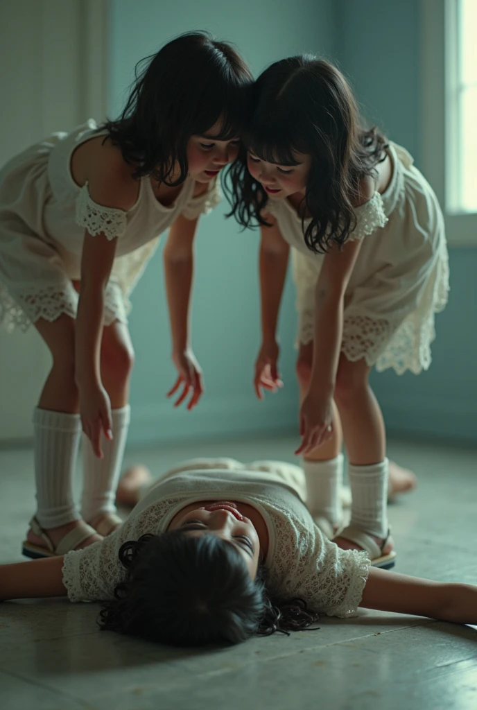 ((best quality)), ((masterpiece)), (detailed), The girls stand directly on the girl lying on the floor, real picture, doll, 8K, Being stepped on by two girls, Crushed underfoot, young,, lace sandals, lace,leg warmers, arm warmer, A girl standing on her belly,Another girl standing on her chest, (Wide-angle view,) ((Photo from 10)),