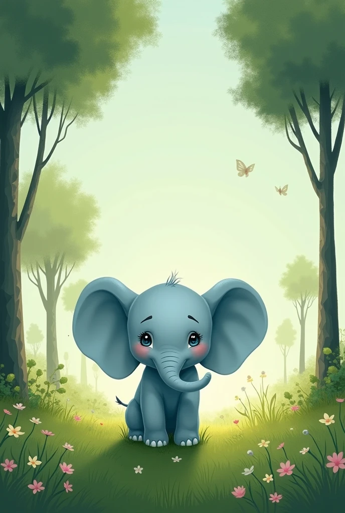 green field with trees, sad light blue baby elephant, children&#39;s images for book 