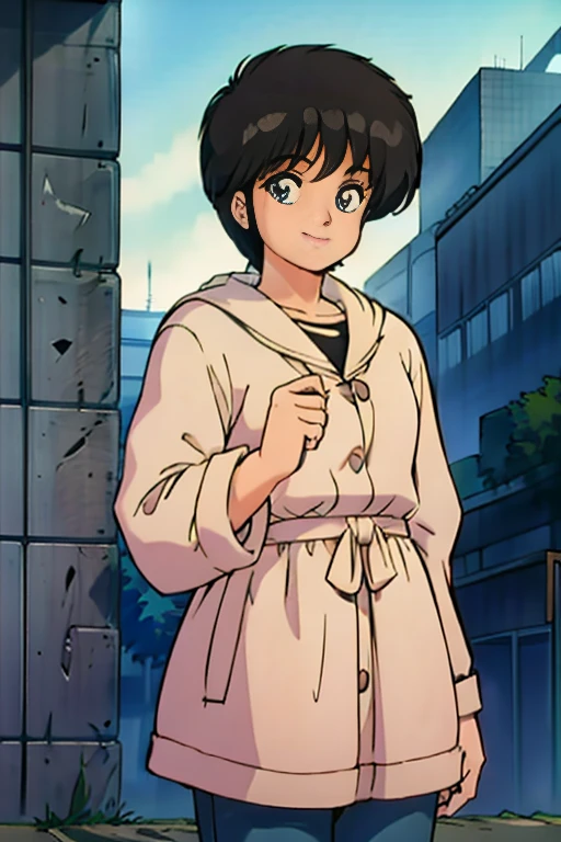 (morning), One girl, solo, Looking at the audience, winter, Cowboy Shot, (Downtown), Cowboy Shot, smile, Black Hair