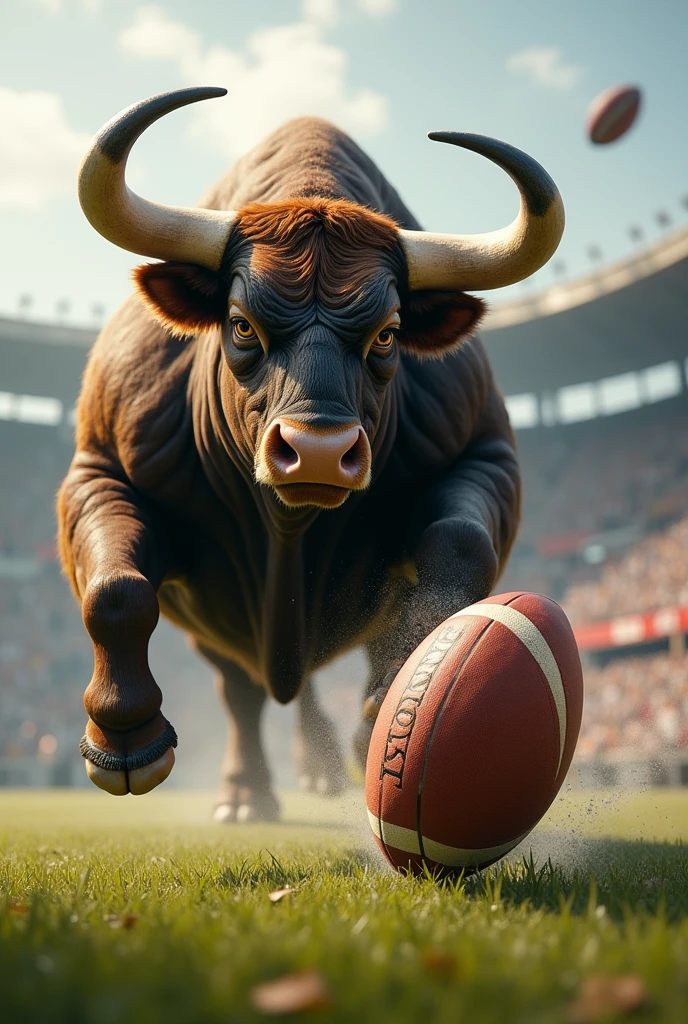 Brave bull kicking rugby ball 