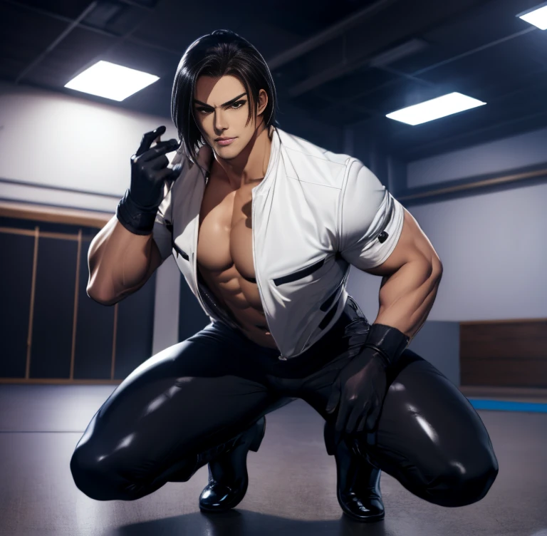 1 person, Young people,Slim figure， White skin， Kyo Kusanagi, Dark blonde hair, Curtain Hairstyle, sporty, Volumetric lighting,Narrow waist，Thin legs，Highlighting the black latex bodysuit，Latex gloves，Abdominal muscles，Overall appearance，male胸肌，Squat，Spread your legs，Beardless，No body hair，Black leather boots，No chest hair，Beardless，Push your abdomen forward，Protruding crotch，Show me your crotch，Stick your butt out，Neck strap，male，Black leather boots，personal