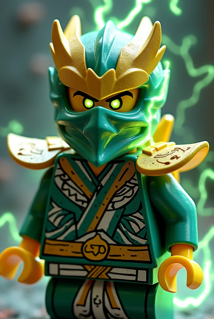 Créer moi un lego ninja go un grand maitre du spinjisu et du dragon ultime futuriste a moitié oni gentil fantôme et ninja béni avec un masque de oni gentil et bienfaisant de couleur blanc, golden sur la tête avec une peau lumiere et dans le visage il faut des traces d’électricité jaune et bleu foncé et un regard terrible lumineux avec des yeux en vert clair brillant et lumiere brillante avec une puissance incroyable avec comme puissance élémentaire l’électrique, l’énergie, la terre, le feu, la glace. Les habits du ninja doit être en blanc anthracite gris et or et fer anthracite avec des reure en forme d’électricité brillant et vert clair et des écritures japonaise sacré en or et parchemin antique ultime. Un ninja imbattable monstrueux beaucoup trop puissant qui contrôle tout les pouvoirs élémentaire. Le ninja oni doit être gentil et exceptionnel