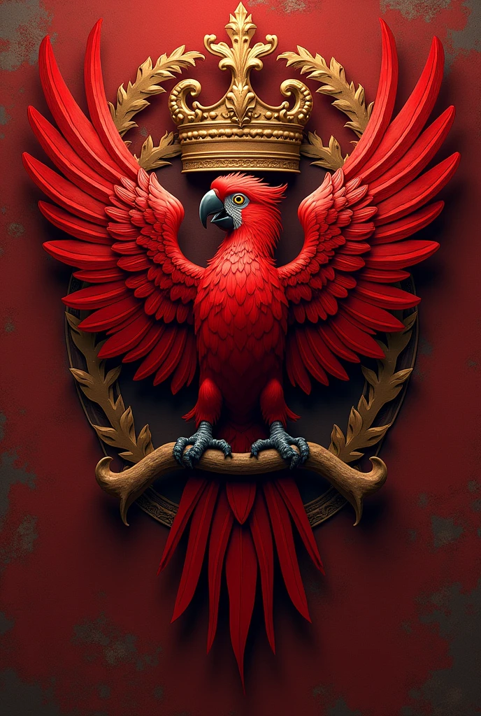 A red coat of arms with a red macaw as a mascot