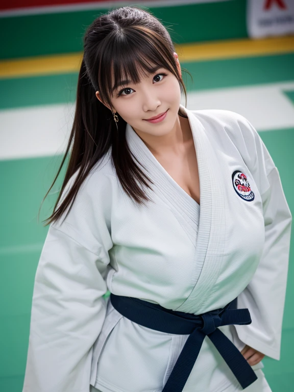 (Best Quality:1.2), Raw photo, High resolution, perfect detail, Professional Photography, Professional Lighting, Sharp Focus, Very beautiful cute woman , Japanese woman, 2, Beautiful detailed face and eyes, Detailed double eyelids, droopping eyes, dark hair, with bangs, ponytail, round face, smiling, (huge breast:1.2), judo player, judo uniform, judo hall (full-body shot:1.3)