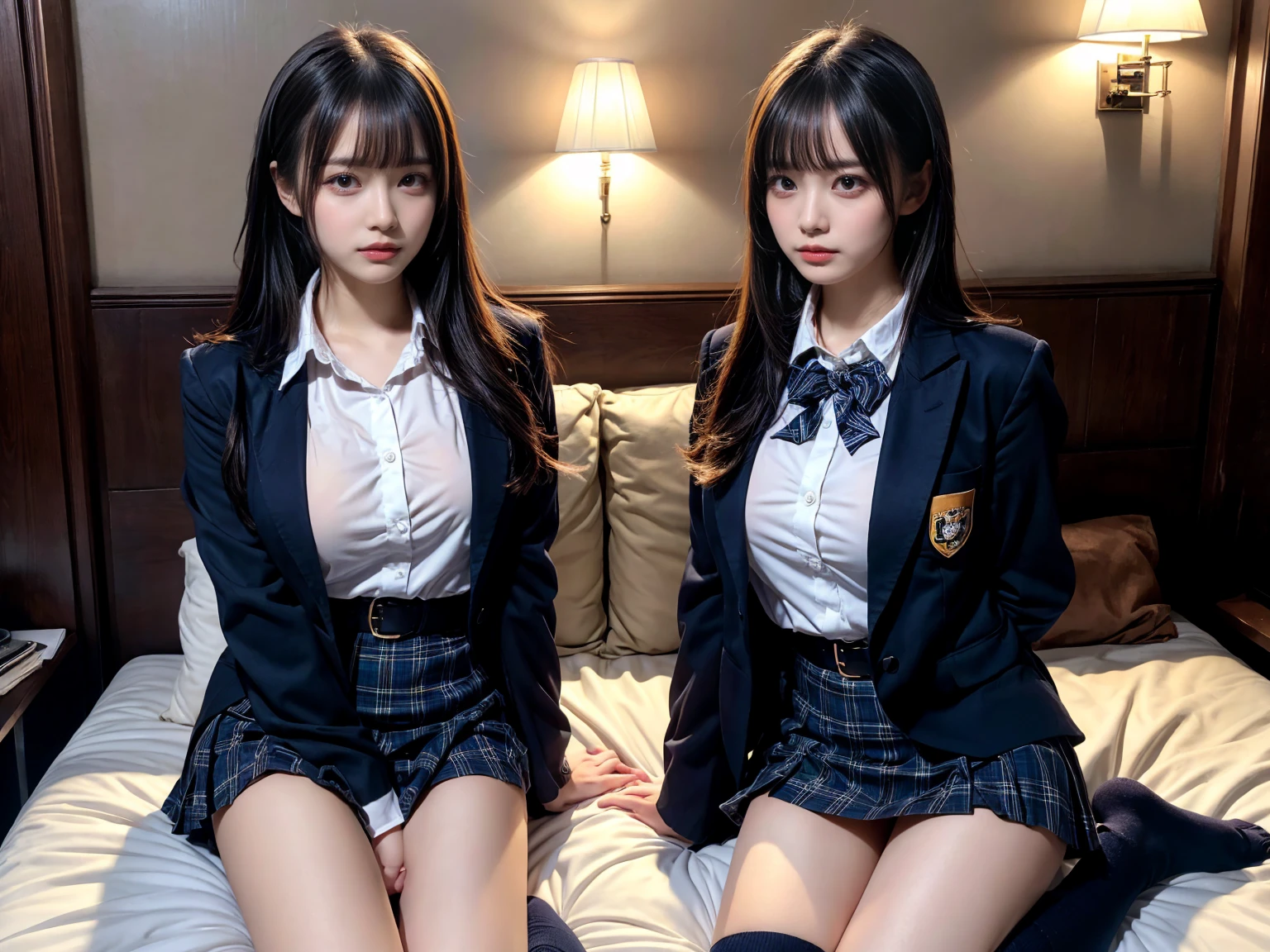 (8K, Raw photography, top-quality, masterpiece:1.2), master piece, best quality, illustration, Super detailed, fine details, High resolution, 8K,wall paper, perfect dynamic composition,(Details High quality, realistic depiction of eyes:1.3), ((2 girls, 2 schoolgirls)), The background is a luxury hotel room、High school girl uniform、blazer 、Super Short Check Uniform Skirt、Navy blue high socks、garterbelts、Colossal tits、Disturbed uniform, Play with each other,Touching each other's bodies,Touching the body of the girl next door, short bob hair, black hair color, huge breasts, Big Natural Color Lip, bold sexy pose, (perfect body shape), crying a little、cold gaze, Beautiful makeup,glitter makeup,Cutest 1, beautiful legs, hposing Gravure Idol, Voluptuous thighs