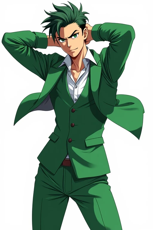 Jojo-style man in green school uniform with hands behind head, chest out, standing at an angle, white background