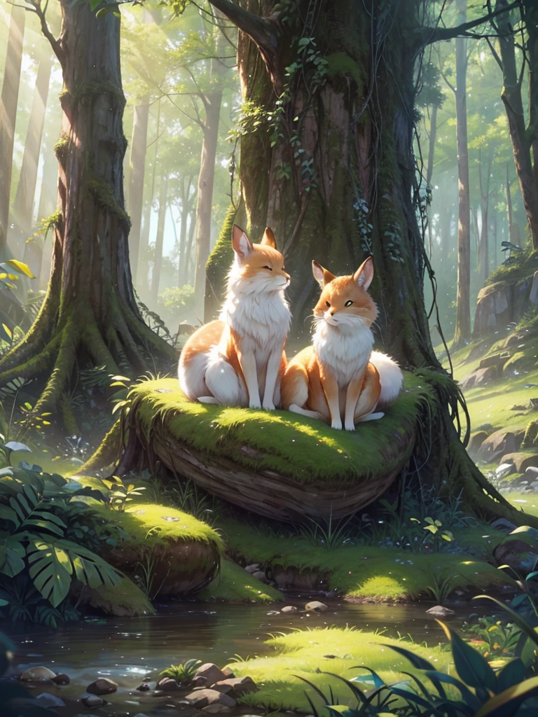fluffy animals, forest, cute animals, forest landscape, cute rabbits, cute squirrels, cute foxes, deer in forest, peaceful forest, sunlight in forest, soft lighting, detailed fur textures, detailed animal features, small animals, nature scenery, lush greenery, mossy rocks, fallen leaves, (best quality,4k,8k,highres,masterpiece:1.2),ultra-detailed,vibrant colors,soft colors,natural lighting,fantasy art style