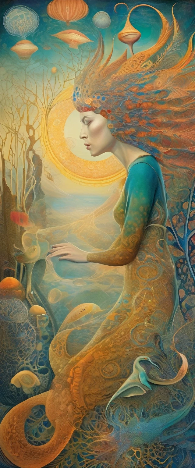 A surreal dreamlike scene featuring a female figure, intricate organic patterns and textures, vibrant colors, mystical symbolism, ethereal lighting, Leonora Carrington-inspired surrealism, Ernst Haeckel-esque biomorphic forms, Remedios Varo-esque mysticism, fantastical landscape, imaginative details, masterful execution, photorealistic quality, ac_neg1