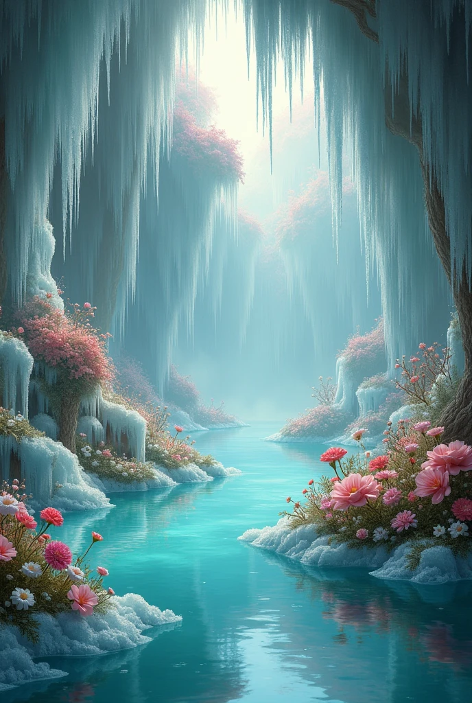 I want a painting like this of ice and flowers mixed with a cenote, stalactites and pale colors