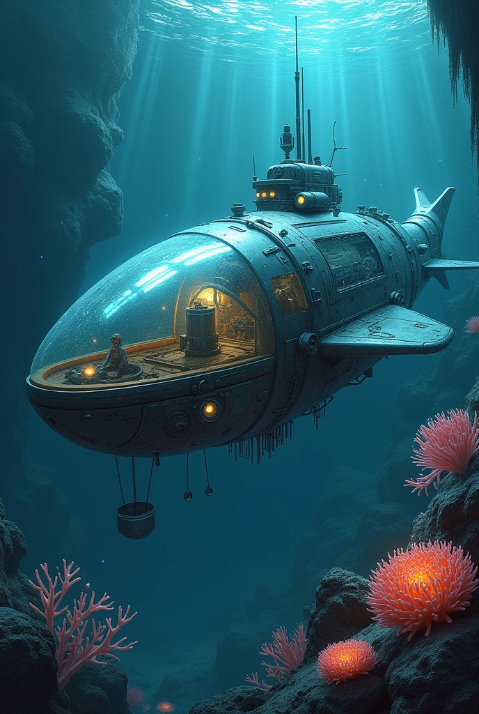( perfect anatomy ) Hi-Tech Mechanical Biopatina(Mechanical big fish ) Steampunk submarine underwater submarine in deep sea futuristic style transparent window(Partially transparent design lets you see the inner workings)
High level of image quality, Super detailed, submarine, Fantasy science fiction movie surreal scene bioluminescent basket fluorescent (Mechanical big fish )Dark blue deep sea bottom soft feeling sea anemone ethereal mysterious creature intricate dynamic close-up background, Delicate and surreal science fiction art aesthetic light and shadow movie special effects high resolution image surreal texture high resolution,
Digital painting, Delicate and dynamic rendering, super high quality, masterpiece, Super detailed, Highest quality animation style high definition presentation