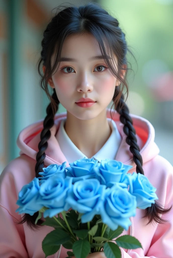 A woman holding a bouquet of blue roses at chest level, front view, wearing a Thai student uniform with no buttons at the collar, wearing a pink hoodie with no zipper, braided hair on both sides, bright and realistic face. 