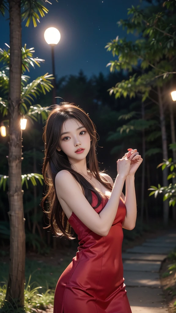 ulzzang-6500-v1.1, (RAW photo: 1.2), (Real photo), (Real photo: 1.4), 1 girl、Perfect anatomy、1、Looking at the camera、Medium length hair、red party dress, on the pine hill at night, with stars and moon, ((on the pine hill at night: 1.1))、(Business service)、Asian eyes Ella,