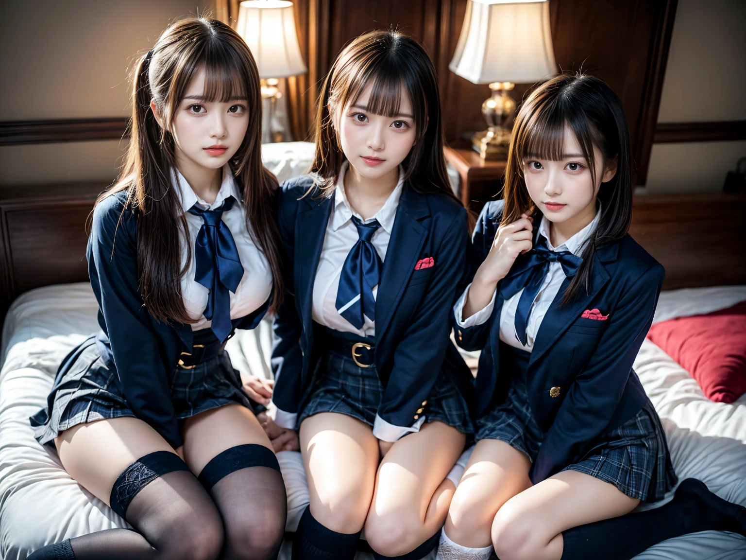 (8K, Raw photography, top-quality, masterpiece:1.2), master piece, best quality, illustration, Super detailed, fine details, High resolution, 8K,wall paper, perfect dynamic composition,(Details High quality, realistic depiction of eyes:1.3), ((2 girls, 2 schoolgirls)), The background is a luxury hotel room、High school girl uniform、blazer 、Super Short Check Uniform Skirt、Navy blue high socks、garterbelts、Colossal tits、Disturbed uniform, Play with each other,Touching each other's bodies,Touching the body of the girl next door, short bob hair, black hair color, huge breasts, Big Natural Color Lip, bold sexy pose, (perfect body shape), crying a little、cold gaze, Beautiful makeup,glitter makeup,Cutest 1, beautiful legs, hposing Gravure Idol, Voluptuous thighs