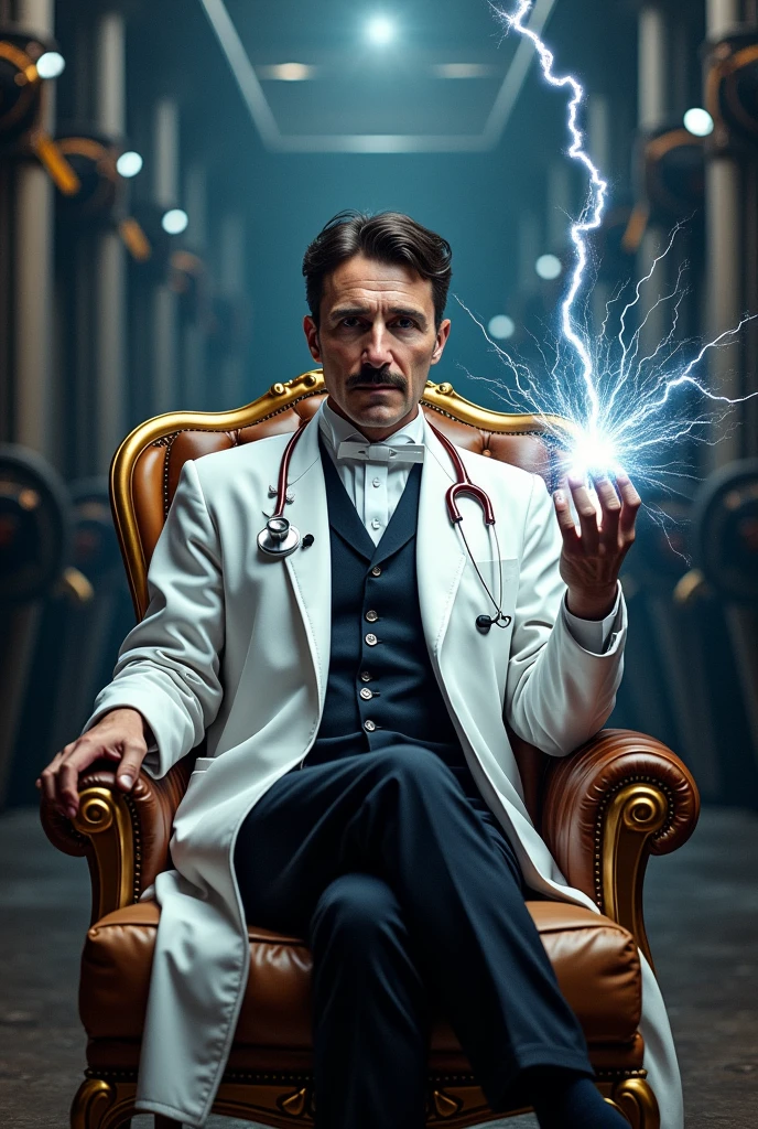 The scientist Tesla sits on a luxurious chair, wearing a white coat and a stethoscope. The doctor has discovered electricity in his hands, and behind him are many electrical transformers suitable for the cover of a book or magazine, in addition to an electrical effect next to him. The most luxurious new electricity, the most luxurious