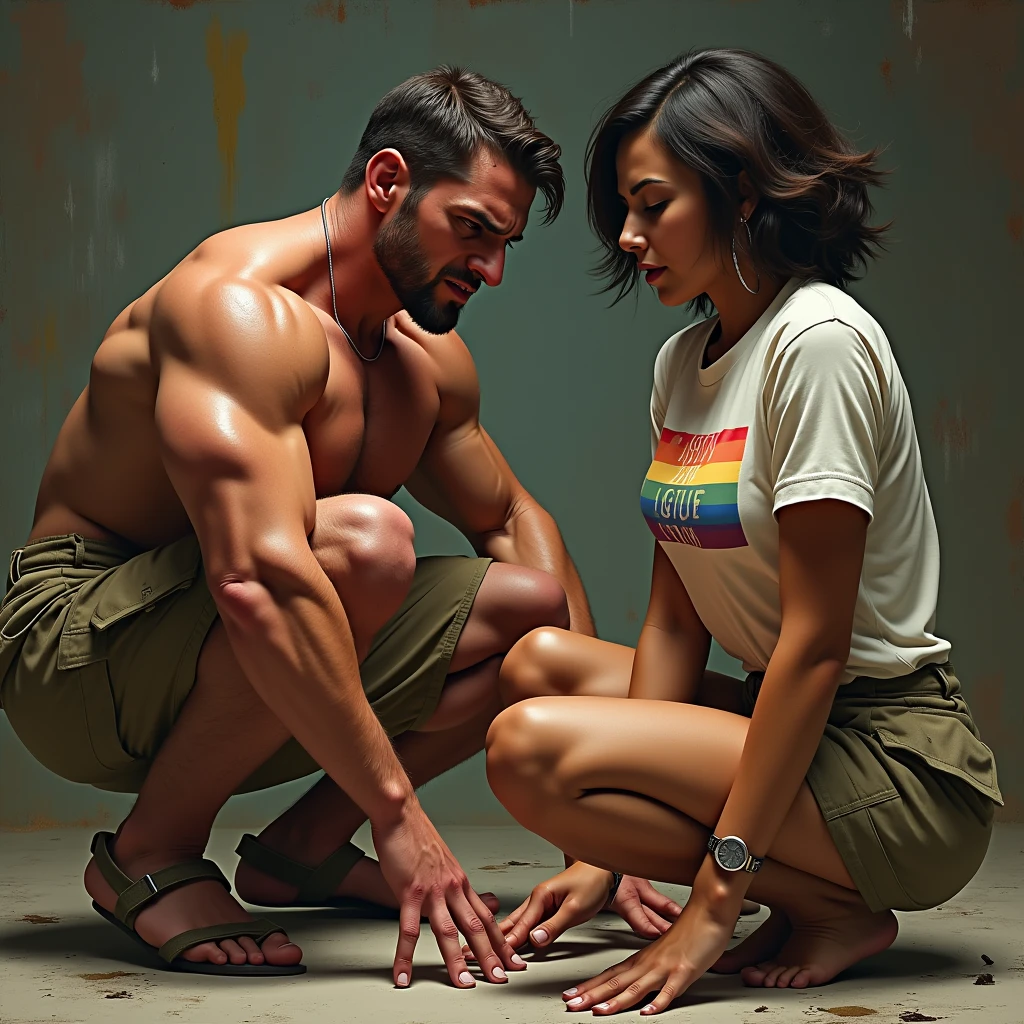 digital art, a 20 year old angry male, beige militar clothes, squatting down, shirtless, sweaty, big bulge, he’s getting his foot massaged by a female wearing lgbt shirt, foot massage, getting feet massaged by a woman