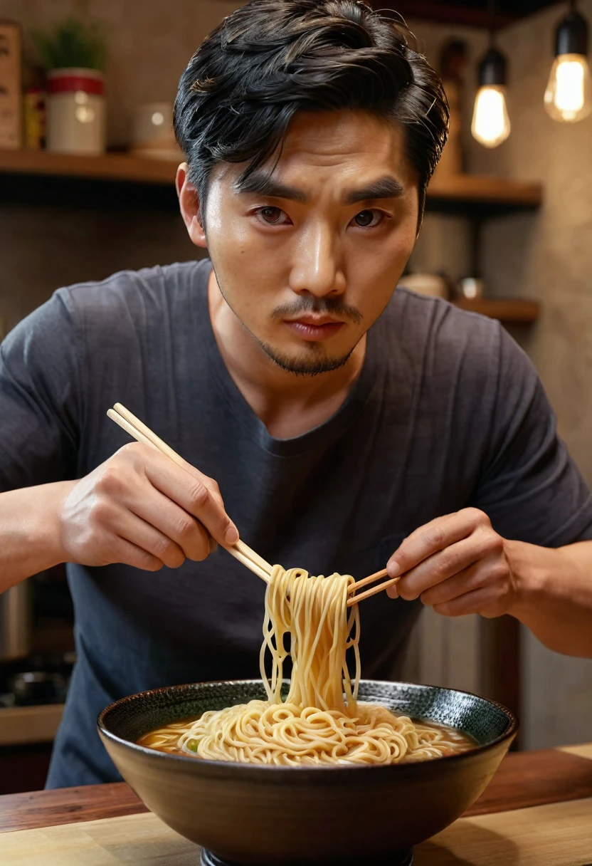 asian man making ramen noodles, highly detailed, sharp focus, umami, realistic, photorealistic, 8k, best quality, masterpiece, beautiful detailed eyes, beautiful detailed lips, extremely detailed face, long eyelashes, realistic steam, realistic broth, ceramic bowl, wooden table, natural lighting, warm color tones, cinematic composition, dynamic pose