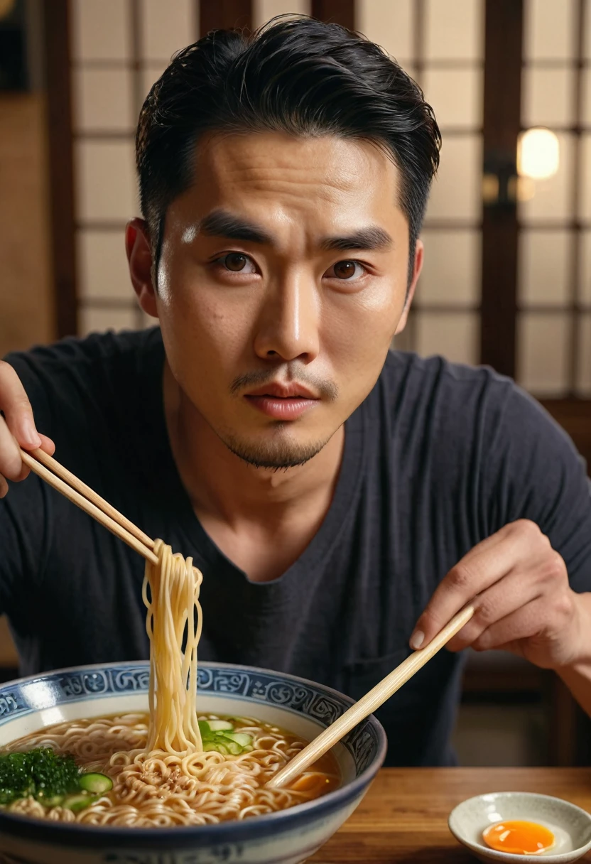 asian man making ramen noodles, highly detailed, sharp focus, umami, realistic, photorealistic, 8k, best quality, masterpiece, beautiful detailed eyes, beautiful detailed lips, extremely detailed face, long eyelashes, realistic steam, realistic broth, ceramic bowl, wooden table, natural lighting, warm color tones, cinematic composition, dynamic pose