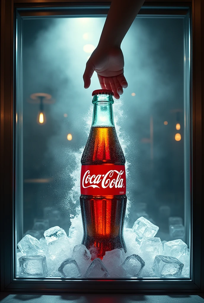 display window with a large coke in the middle, several ice cubes around and a refreshing mist around the Coca Cola bottle and a hand on the ceiling as if opening the bottle