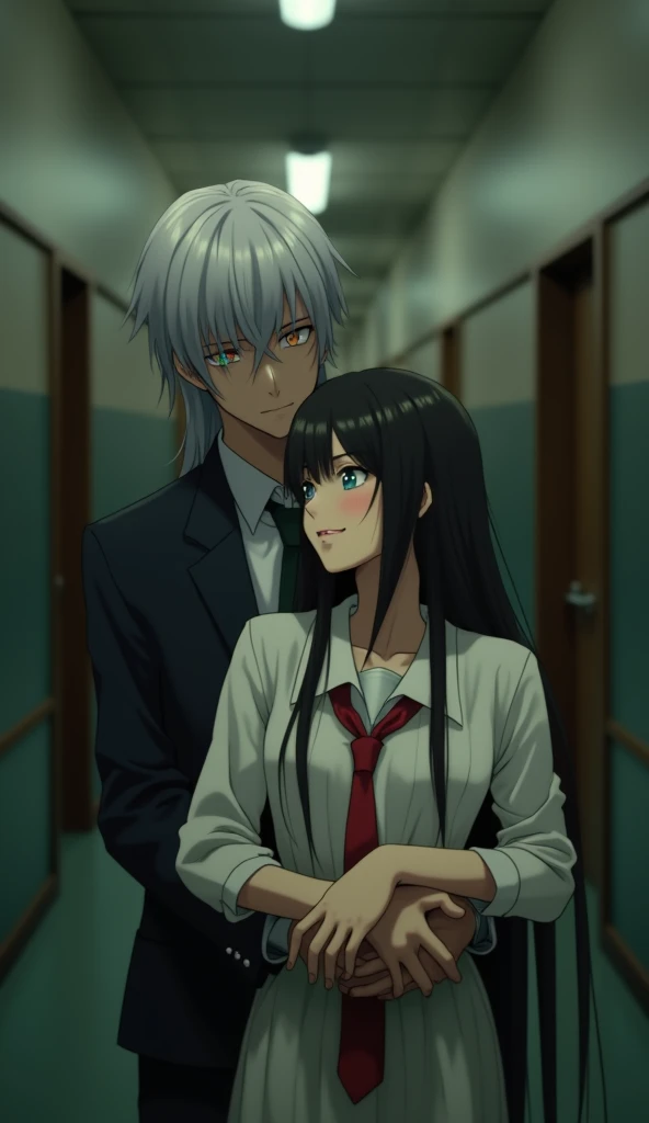 (32K:1.9, Highest quality, masterpiece, Ultra-high resolution), Perfect dynamic composition:1.3, Highly detailed skin and facial textures:1.3, Cute sexy slim Japanese schoolgirl, Tall and slim man, (Man hugging woman:1.3), Fair skin, ((Clarity:1.1)), (Man is anime「Demon slayer」Duma, Long silver-blonde hair, Rainbow Eyes:1.5), (The woman is wearing a uniform with a red tie:1.3, Straight black hair.:1.3, smile:0.9, A man completely charms a woman:0.9, beautiful Blue Eyes, beautiful, Clear Eyes:0.8), Sexy Face:0.4, blush:1.1, (beautifulエロティシズムを醸し出す雰囲気:0.8), Professional random camera work, Cinematic Lighting Effects, (Full Body Shot), (Too erotic), romantic, mysterious, Object of admiration, original, dramatic, artistic, Innovative, charm, Heartful, Fancy, Tilt, sense of loss, special, exciting, Extreme, sense of openness, joy, joyの表現, ((若さのcharm, 女性的なcharm))