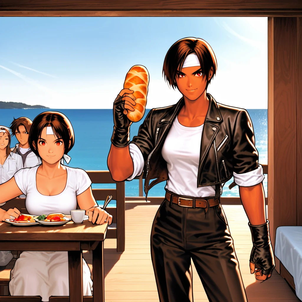 1 person,woman,short hair,Dark Skin,Red eyes,（Black jacket with rolled up sleeves）,Fingerless gloves,White T-shirt, （White headband on forehead）,Black pants,White shoes,Brown belt,cute,Indoor person,Charm Points,Ocean View,Slightly large breasts,Outdoor,High quality,Handsome,A confident grin,Dining with friends on the terrace,Talking happily,Eating bread