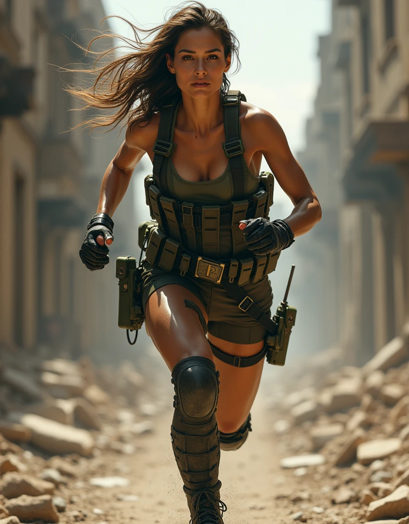 (Photorealism:1.2), sexy woman soldier, A soldier running with a square cartridge in each hand.