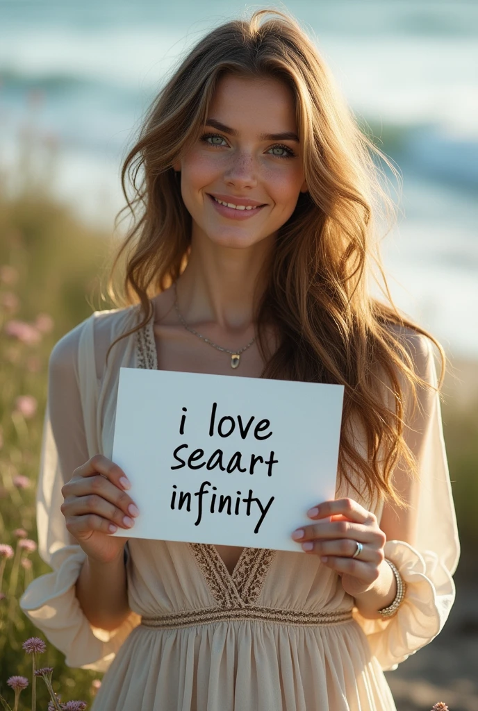 Beautiful girl with wavy long hair, bohemian dress, holding a white board with text "I Love Seaart Infinity" and showing it to the viewer