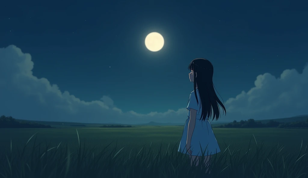September Midnight,Full moon day,You can see the full moon in the distance,The moonlight gently illuminates the earth, There is not a single cloud in the sky,The grasslands continue as far as the eye can see,In the grassland, there is a girl with black hair wearing a white dress.,Japan Girls,Looking up at the sky,Mouth closed,A teardrop on your cheek