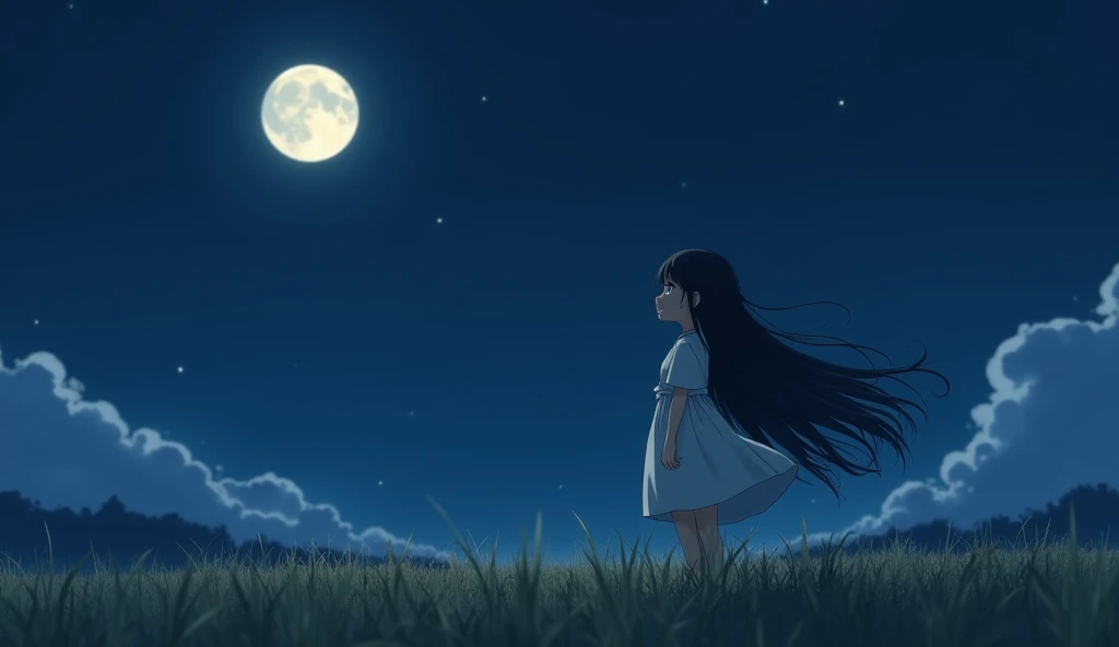 September Midnight,Full moon day,You can see the full moon in the distance,The moonlight gently illuminates the earth, There is not a single cloud in the sky,The grasslands continue as far as the eye can see,In the grassland, there is a girl with black hair wearing a white dress.,Japan Girls,Looking up at the sky,Mouth closed,A teardrop on your cheek