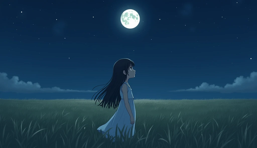 September Midnight,Full moon day,You can see the full moon in the distance,The moonlight gently illuminates the earth, There is not a single cloud in the sky,The grasslands continue as far as the eye can see,In the grassland, there is a girl with black hair wearing a white dress.,Japan Girls,Looking up at the sky,Mouth closed,A teardrop on your cheek