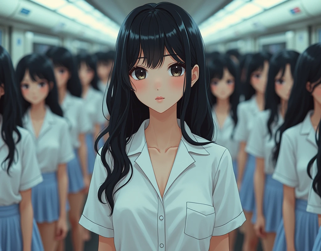(Japanese Clone-girls=Myself), (Super Best masterpiece Clone-girls Raw Photography Art), (16K, Highest quality, Ultra-high resolution, RAW Photos), (It's so unrealistic., With unparalleled depiction, With an unfathomable sight, An unprecedented and shocking worldview, Clone-girls: In a world of mass reproduction, Ultra-realistic depiction), (Japanese Girls, Hamabe-Minami, 18yo), (Small face, Thick black hair, long hair, Dark Eyes, Mature face, Cute Smile, Smiling face, A gentle gaze), (Very pleasant look), (Very beautiful and detailed girl, Accurate body structure, Accurate body movements, Very detailed body), (Super big breasts, Large bulge of ample breasts), (high school girl, White shirt, Short skirt, hour々I can see your pants, Cleavage Emphasis, Emphasise the fullness of your breasts), (Very detailed, Myself cloning, Depiction of splitting oneself, 1Myself girl→1,000,000,000,000,000,000,000,000,000,000Myself cloning girls), (Myself clone girlsは, With the same perfect appearance, to multiply in large numbers), (Very detailed depiction, Myself's multiplying female body, In the same female body,With the same face, With the same hairstyle, In the same clothes, At the same height, 同じSuper big breastsで, A completely indistinguishable female body, 1,000,000,000,000,000,000,000,000,000,000 people), (Myself girls only), (1,000,000,000,000,000,000,000,000,000,000Myself girls))))), In a crowded train