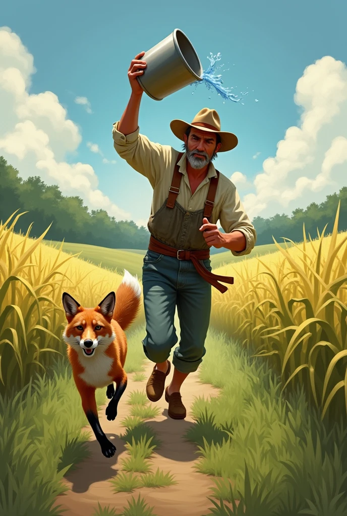 A farmer chasing a fox with a bucket of water to wet it and the fox running away from him