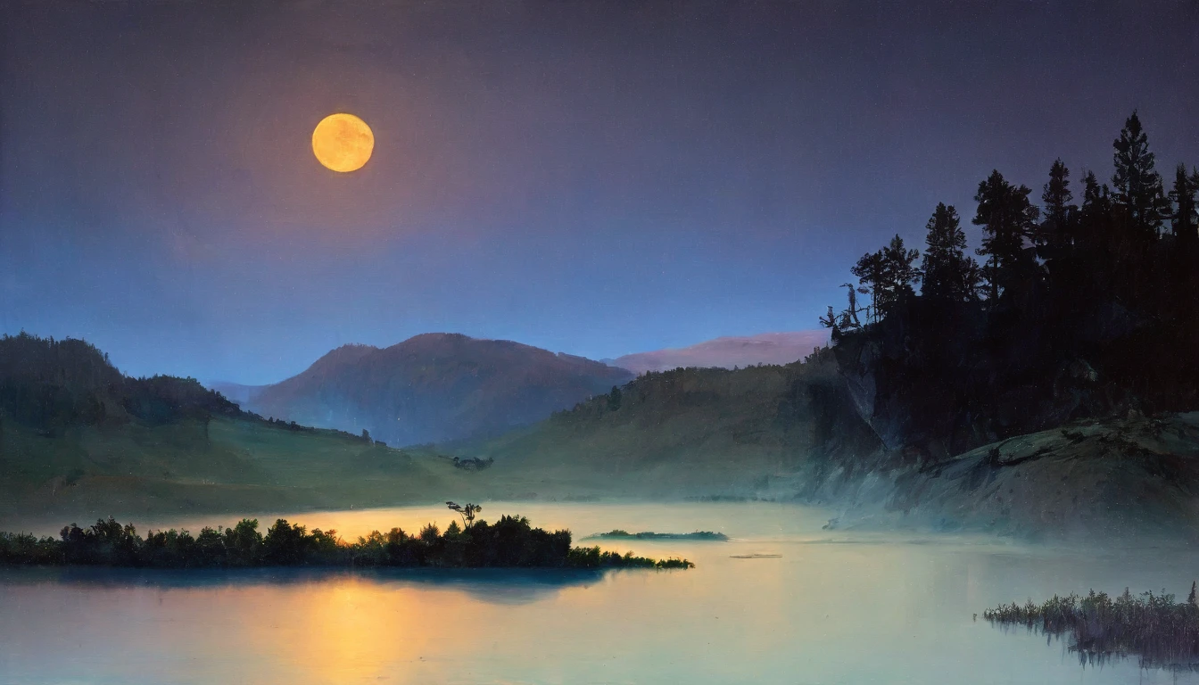 "(best quality, highres), night paysage, moonlit sky, twinkling stars, serene atmosphere, peaceful landscape, dark silhouettes, gentle breeze, distant mountains, calm lake, reflection of moon, soft shadows, mystical ambiance, enchanting view, dreamy colors, surreal scenery, hazy mist, silvery moonlight"