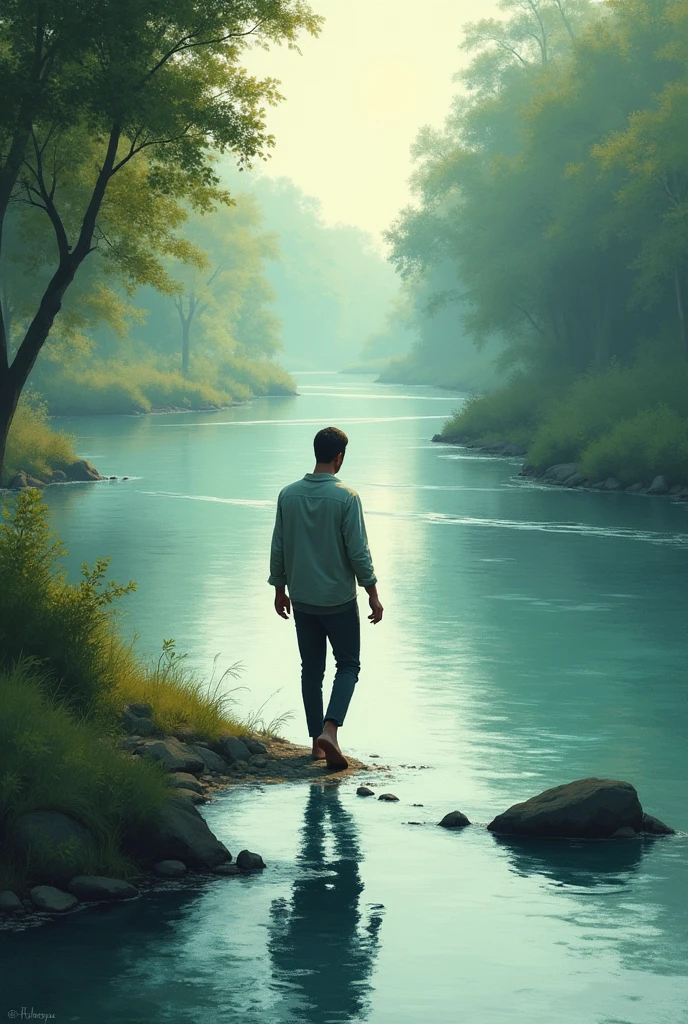 The river flowing calmly and peacefully, symbolizing tranquility.
*The man walking away from the river with a lighter step and a hopeful expression