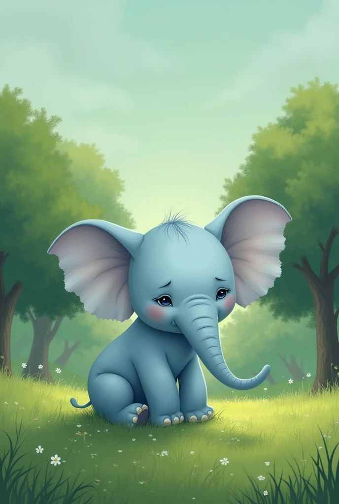 green field with trees, sad light blue baby elephant, children's images for book , little elephant ears with "frills"
