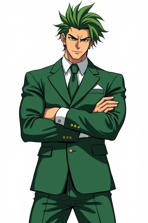 Jojo-style man in green school uniform, hands behind head, chest out, standing at an angle、Face facing forward, white background