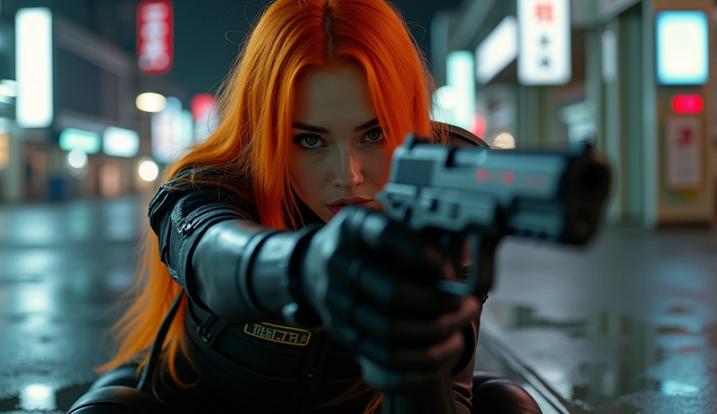 (work of art,Distinctive Quality,mirror-like,Cinematic experience,insanely detaileda,absurderes),8k,wall-paper,(best illustrations:2.0),(a one woman:2.0),(motoko kusanagi:2.0),(Ghost in the Shell style worldview:2.0),(Black tactical bodysuit:2.0),(Heavy black bulletproof vest:2.0),(black gloves:2.0),(vibrant orange long hair:2.0),(gorgeous eyes),(face detailed),(Detailed drawing of a female hand:2.0),(sexly:2.0),(He kneels down and points a pistol at me..:2.0),(Lift your right knee:2.0),(The background is Tokyo, where science and technology developed.:2.0),(Drawing in monochrome:2.0),(sf:2.0),(A pistol with a laser pointer under the barrel:2.0),(Point your pistol's red laser pointer at me:2.0)