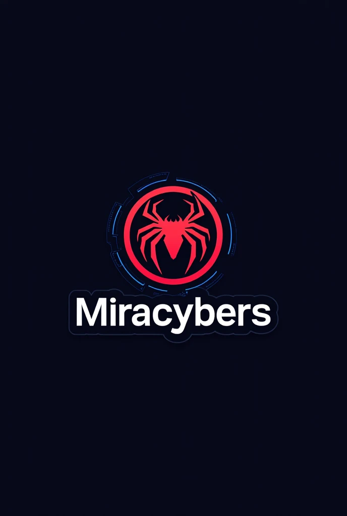 Make a round logo with the name MiraCybers in red black and blue colors with a spider