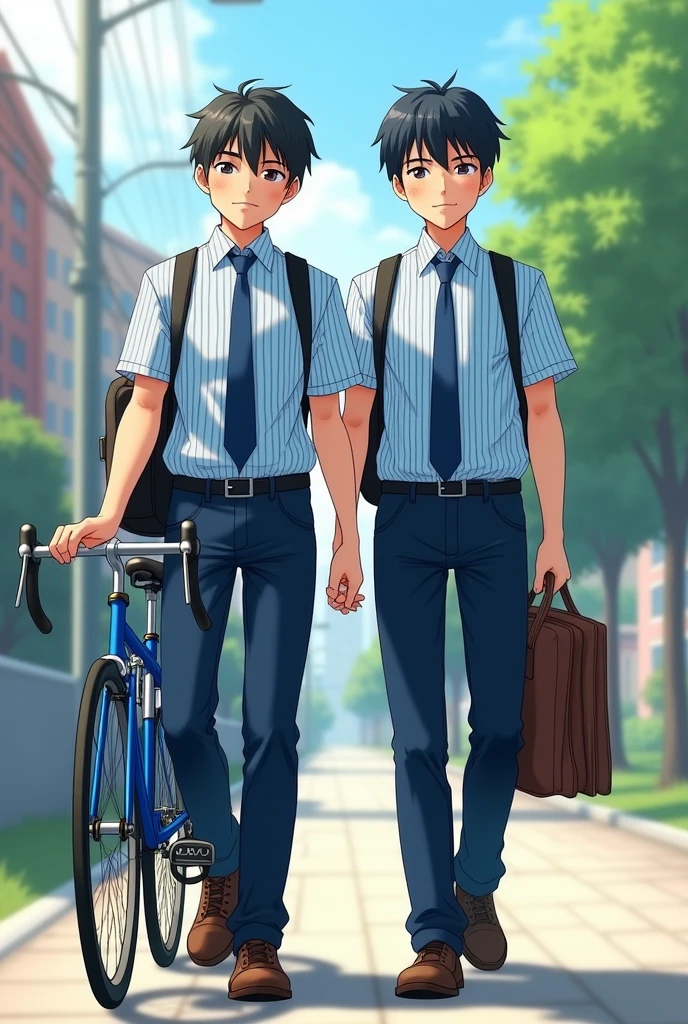 Two same age teen guys coming from school wearing blue striped shirt with tie and dark blue pant one is short  holding a cycle 
Both are holding bags 