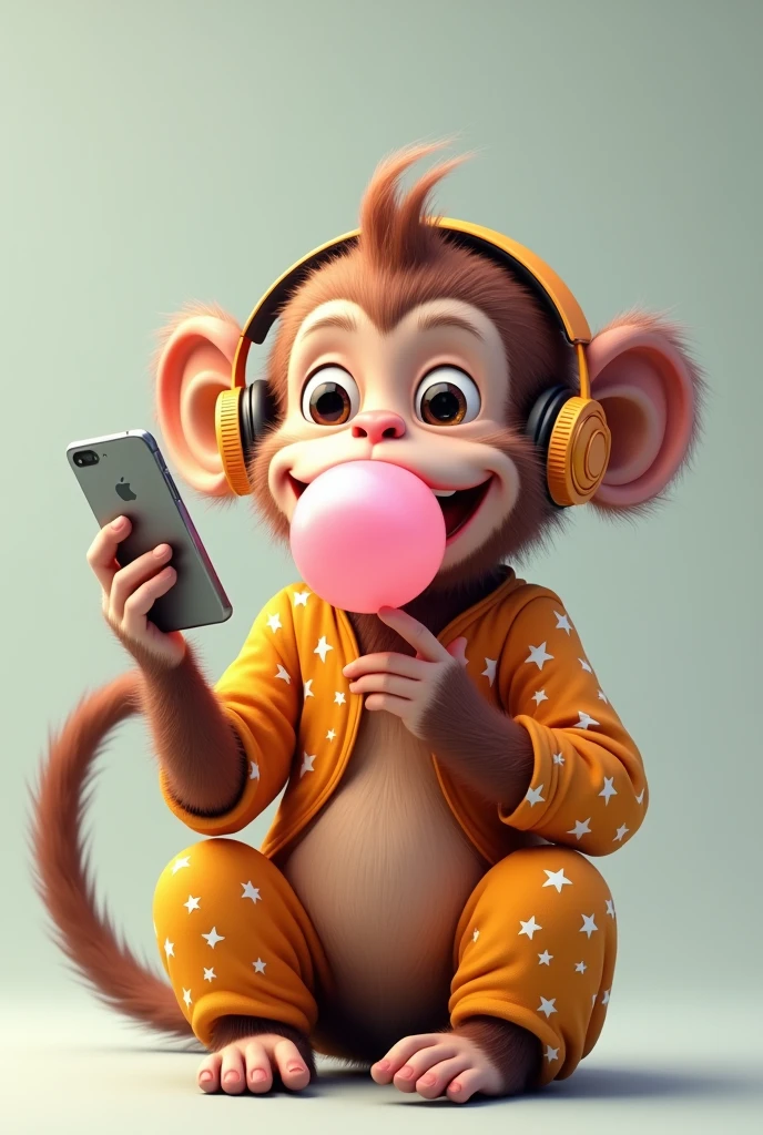 Monkey with bubble gum playing on cell phone very happy with star outfit and Bluetooth headphones sitting 