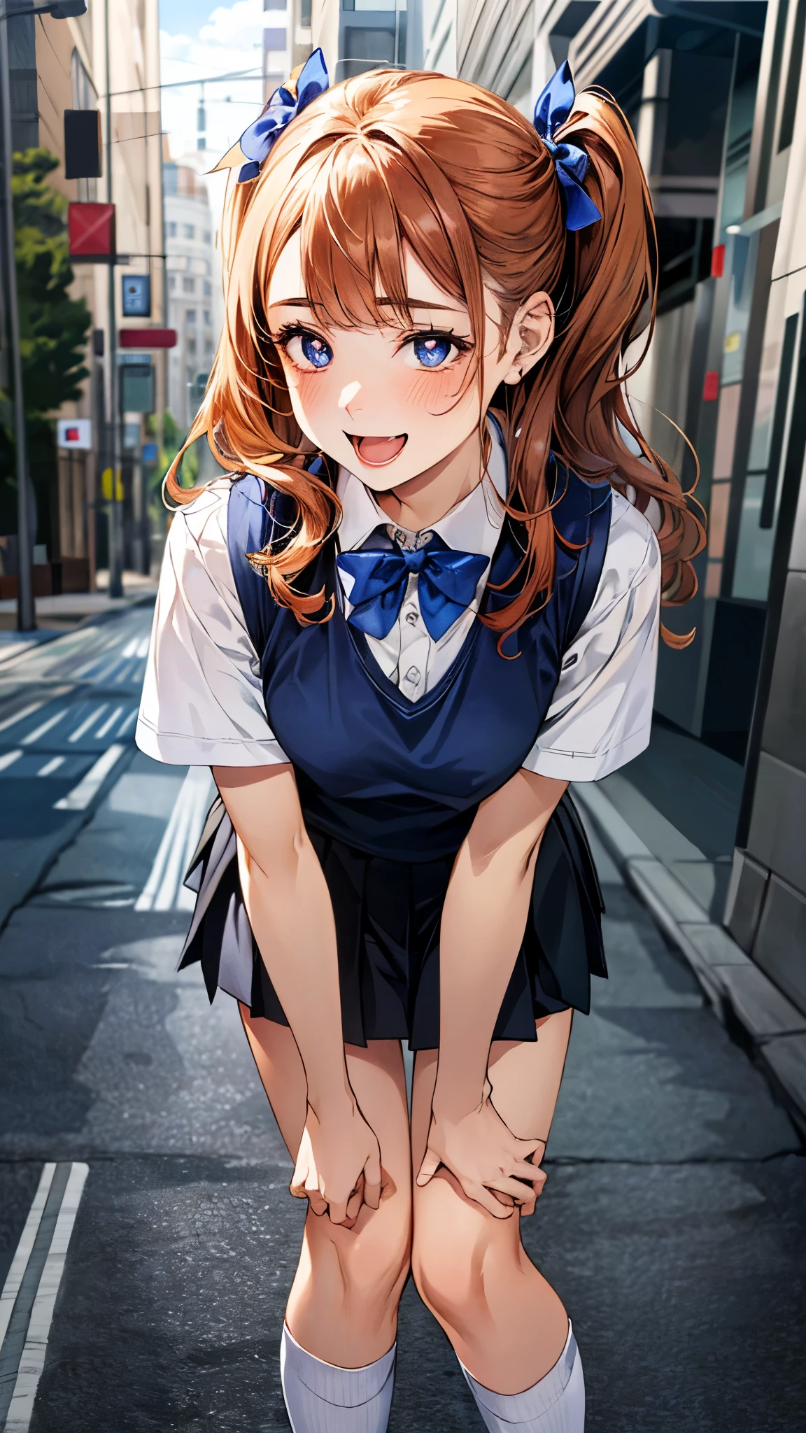 (masterpiece:1.3, top-quality, ultra high res, ultra detailed), (realistic, photorealistic:1.4), beautiful illustration, perfect lighting, natural lighting, colorful, depth of fields, surrealism, 
beautiful detailed hair, beautiful detailed face, beautiful detailed eyes, beautiful clavicle, beautiful body, beautiful chest, beautiful thigh, beautiful legs, beautiful fingers, shiny skin, babyface, 
looking at viewer, selfie, 1 girl, high school girl, (perfect anatomy, anatomically correct, super detailed skin), cute and symmetrical face, perfect face, perfect eyes, 
(long hair, (two side up), straight hair, orange hair), asymmetrical bangs, blue eyes, slant eyes, big eyes, long eyelashes, (large breasts:1.2, seductive thighs), slender, outstanding style, 
((detailed cloth texture, short sleeve white collared shirt, break navy blue suit vest, break grey pleated skirt, break purple blue bow tie), socks, black loafer), 
(beautiful scenery), evening, (downtown), (standing, leaning forward,), (heart shaped pupils, :3, aroused, ahegao, orgasm, in heat, naughty face, seductive smile, open mouth small),