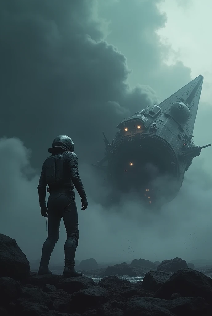 Futuristic man overcoming space ship with clouds darkness