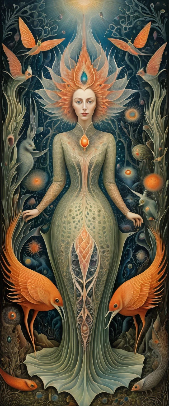 A surreal dreamlike scene featuring a female figure, intricate organic patterns and textures, vibrant colors, mystical symbolism, ethereal lighting, Leonora Carrington-inspired surrealism, Ernst Haeckel-esque biomorphic forms, Remedios Varo-esque mysticism, fantastical landscape, imaginative details, masterful execution, photorealistic quality, ac_neg1