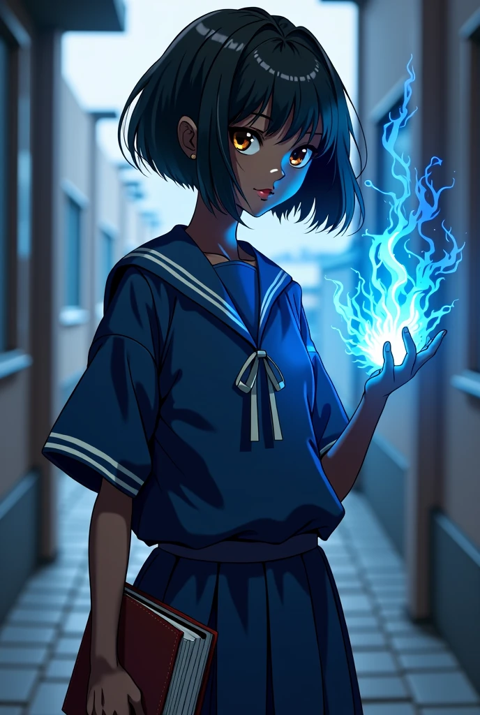 A teenager in a Japanese schoolgirl outfit in a shade of blue almost black , with black skin of African ethnicity  , and short hair but not bald , must have a blue aura coming out of his right hand and must be holding a book in his left hand 